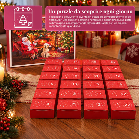 Calendrier de l’Avent puzzle de 1008 pièces à assembler en 24 jours, scène de Noël avec le Père Noël et un chien, puzzle final de 70x50 cm