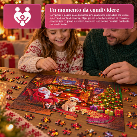 Calendrier de l’Avent puzzle de 1008 pièces à assembler en 24 jours, scène de Noël avec le Père Noël et un chien, puzzle final de 70x50 cm
