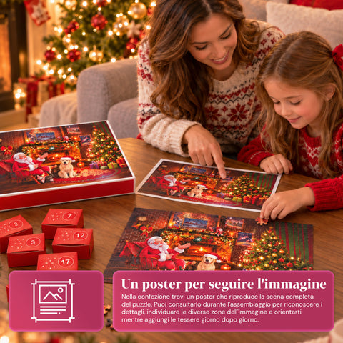 Calendrier de l’Avent puzzle de 1008 pièces à assembler en 24 jours, scène de Noël avec le Père Noël et un chien, puzzle final de 70x50 cm