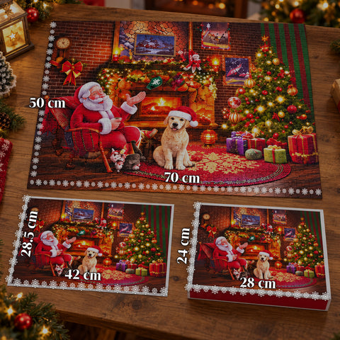 Calendrier de l’Avent puzzle de 1008 pièces à assembler en 24 jours, scène de Noël avec le Père Noël et un chien, puzzle final de 70x50 cm