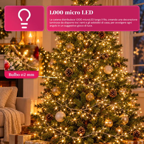 Guirlande lumineuse 1000 microLED sur bobine, 3 couleurs, intérieur/extérieur, câble argenté de 13 m, 8 jeux de lumière, transformateur inclus, modèle de Noël, ampoule 2 mm