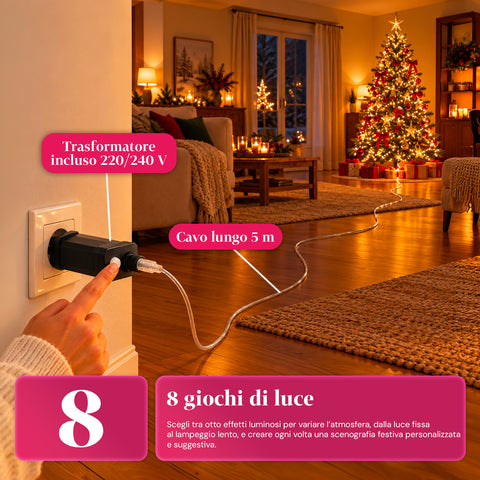 Guirlande lumineuse 1000 microLED sur bobine, 3 couleurs, intérieur/extérieur, câble argenté de 13 m, 8 jeux de lumière, transformateur inclus, modèle de Noël, ampoule 2 mm
