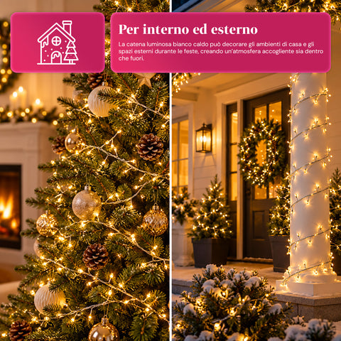 Guirlande lumineuse 1000 microLED sur bobine, 3 couleurs, intérieur/extérieur, câble argenté de 13 m, 8 jeux de lumière, transformateur inclus, modèle de Noël, ampoule 2 mm