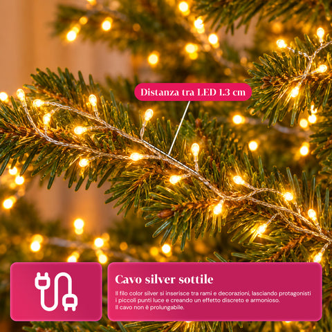Guirlande lumineuse 1000 microLED sur bobine, 3 couleurs, intérieur/extérieur, câble argenté de 13 m, 8 jeux de lumière, transformateur inclus, modèle de Noël, ampoule 2 mm