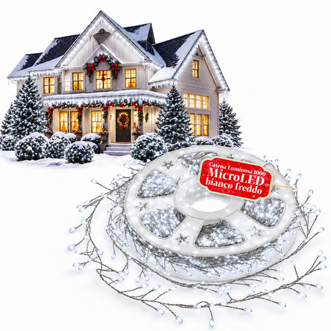 Guirlande lumineuse 1000 microLED sur bobine, 3 couleurs, intérieur/extérieur, câble argenté de 13 m, 8 jeux de lumière, transformateur inclus, modèle de Noël, ampoule 2 mm