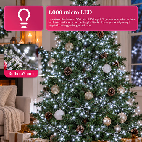 Guirlande lumineuse 1000 microLED sur bobine, 3 couleurs, intérieur/extérieur, câble argenté de 13 m, 8 jeux de lumière, transformateur inclus, modèle de Noël, ampoule 2 mm