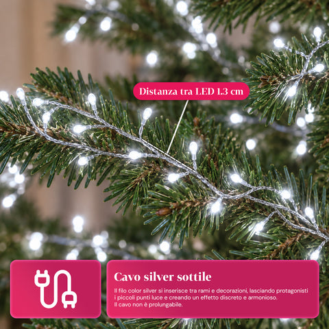 Guirlande lumineuse 1000 microLED sur bobine, 3 couleurs, intérieur/extérieur, câble argenté de 13 m, 8 jeux de lumière, transformateur inclus, modèle de Noël, ampoule 2 mm