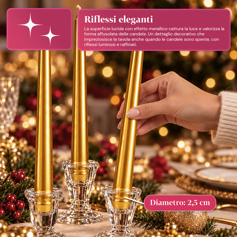 Bougies fines de Noël pour centres de table et chandeliers, lot de 6, 2 couleurs, hauteur 20 cm, cire de paraffine, finition brillante effet métallique