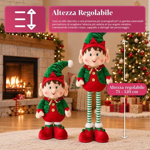 Elfe de Noël extensible, ornement décoratif, couleurs assorties, hauteur maximale 120 cm, jambes télescopiques, pieds lestés, polyester