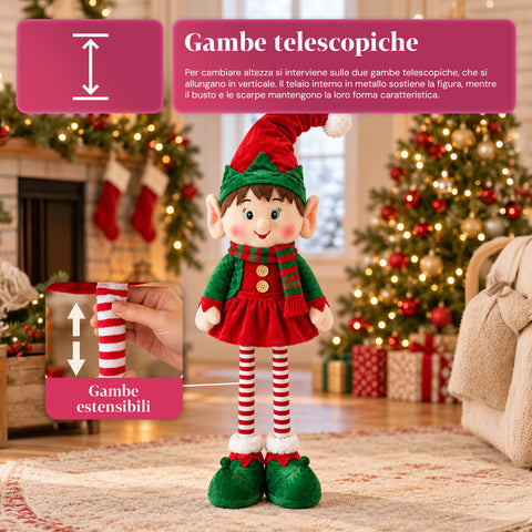 Elfe de Noël extensible, ornement décoratif, couleurs assorties, hauteur maximale 120 cm, jambes télescopiques, pieds lestés, polyester