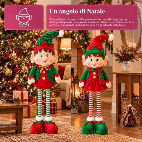 Elfe de Noël extensible, ornement décoratif, couleurs assorties, hauteur maximale 120 cm, jambes télescopiques, pieds lestés, polyester