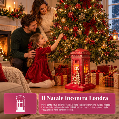 Pied de sapin de Noël en forme de cabine téléphonique anglaise avec lumières LED, Père Noël et petit sapin dorés, trou universel de 4 cm, pour troncs jusqu’à 180 cm