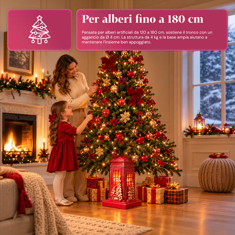 Pied de sapin de Noël en forme de cabine téléphonique anglaise avec lumières LED, Père Noël et petit sapin dorés, trou universel de 4 cm, pour troncs jusqu’à 180 cm