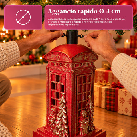 Pied de sapin de Noël en forme de cabine téléphonique anglaise avec lumières LED, Père Noël et petit sapin dorés, trou universel de 4 cm, pour troncs jusqu’à 180 cm