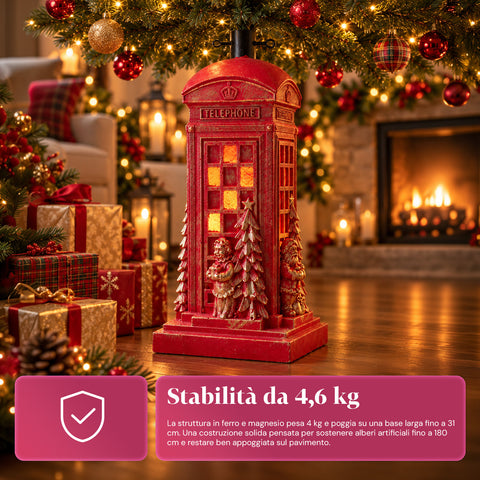 Pied de sapin de Noël en forme de cabine téléphonique anglaise avec lumières LED, Père Noël et petit sapin dorés, trou universel de 4 cm, pour troncs jusqu’à 180 cm