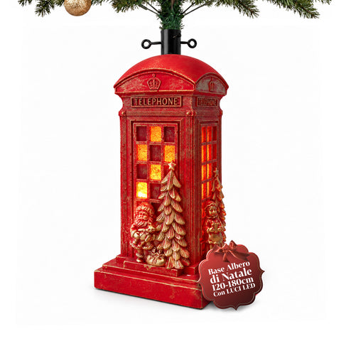 Pied de sapin de Noël en forme de cabine téléphonique anglaise avec lumières LED, Père Noël et petit sapin dorés, trou universel de 4 cm, pour troncs jusqu’à 180 cm