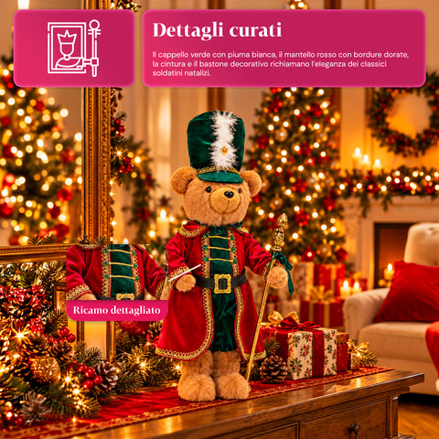 Ours soldat de Noël, décoration de Noël, 2 couleurs, hauteur 60 cm, polyester, avec chapeau, cape et bâton