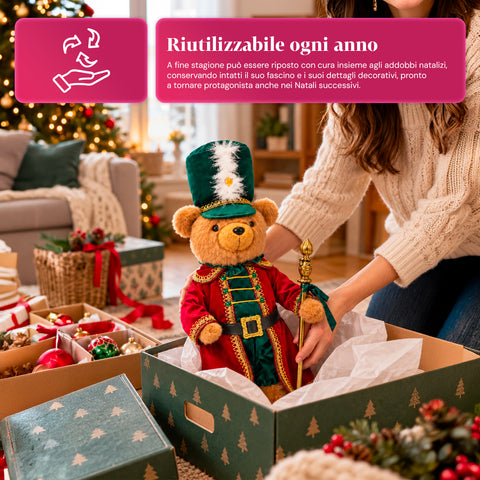 Ours soldat de Noël, décoration de Noël, 2 couleurs, hauteur 60 cm, polyester, avec chapeau, cape et bâton