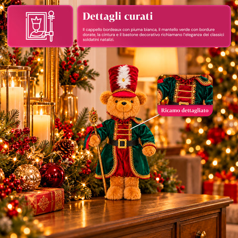 Ours soldat de Noël, décoration de Noël, 2 couleurs, hauteur 60 cm, polyester, avec chapeau, cape et bâton