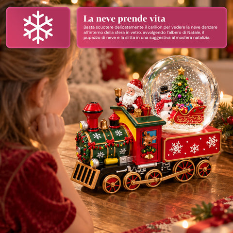 Carillon locomotive de Noël avec boule à neige en verre, Père Noël dans le train, à remontage mécanique, dimensions 22x13x17,5 cm