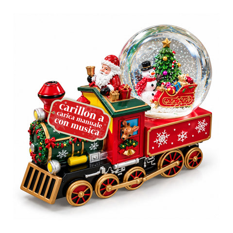 Carillon locomotive de Noël avec boule à neige en verre, Père Noël dans le train, à remontage mécanique, dimensions 22x13x17,5 cm