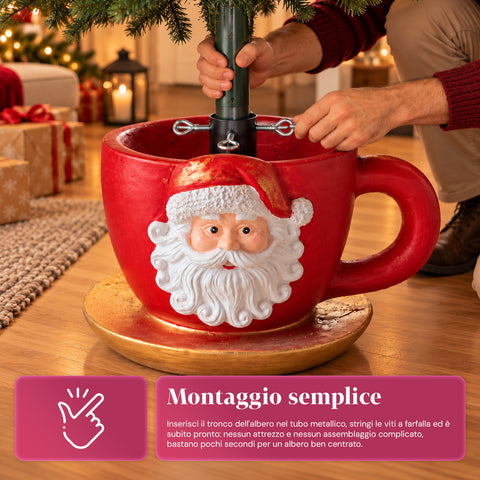 Pied de sapin de Noël en forme de tasse avec Père Noël en relief, trou universel de 4 cm, pour troncs jusqu’à 180 cm, poids 6 kg