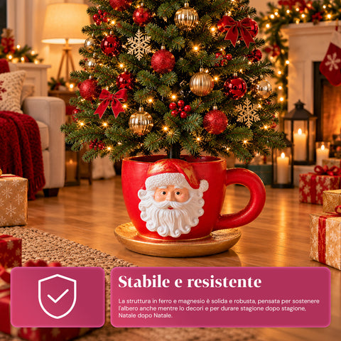 Pied de sapin de Noël en forme de tasse avec Père Noël en relief, trou universel de 4 cm, pour troncs jusqu’à 180 cm, poids 6 kg