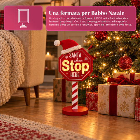 Panneau lumineux « Santa Stop Here » 51 cm, décoration de Noël à LED