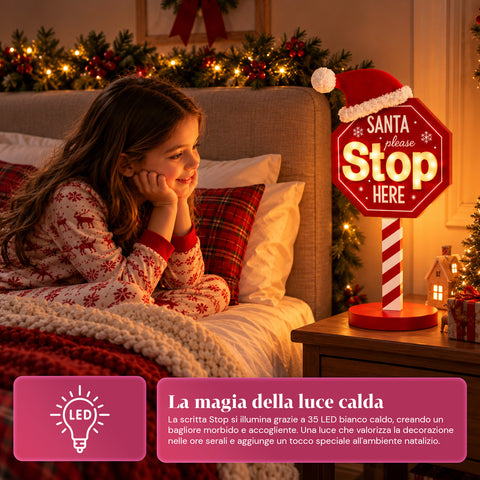 Panneau lumineux « Santa Stop Here » 51 cm, décoration de Noël à LED