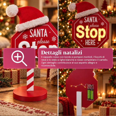 Panneau lumineux « Santa Stop Here » 51 cm, décoration de Noël à LED