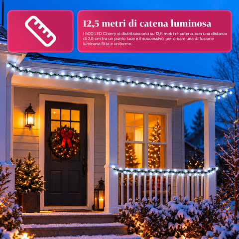 Guirlande lumineuse 500 LED Cherry de 12,5 m, 8 jeux de lumière, IP44