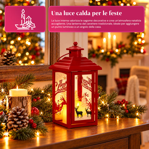 Lanterne de Noël lumineuse à piles 12x12x28 cm avec rennes