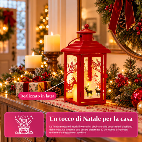 Lanterne de Noël lumineuse à piles 12x12x28 cm avec rennes
