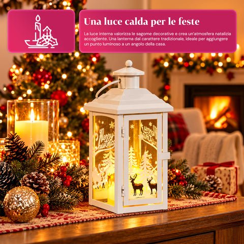 Lanterne de Noël lumineuse à piles 12x12x28 cm avec rennes