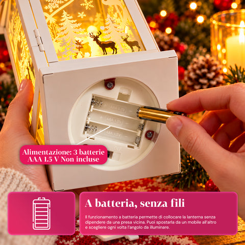 Lanterne de Noël lumineuse à piles 12x12x28 cm avec rennes