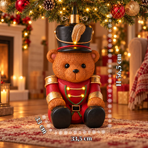 Socle de sapin de Noël lumineux avec ourson soldat et LED, 56,5 cm