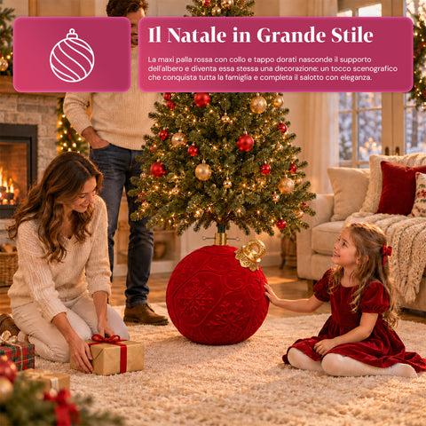 Base de sapin de Noël en forme de boule rouge Ø42 cm, effet velours