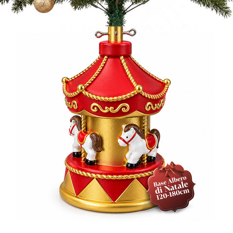 Socle de sapin de Noël en forme de manège avec chevaux, rouge et doré, 54 cm