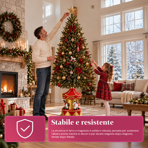 Socle de sapin de Noël en forme de manège avec chevaux, rouge et doré, 54 cm