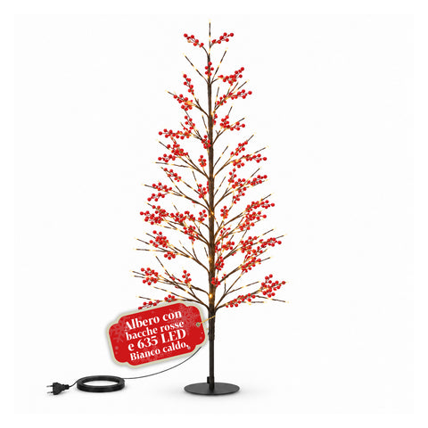 Arbre lumineux avec baies rouges 150 cm, 635 LED blanc chaud