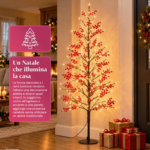 Arbre lumineux avec baies rouges 150 cm, 635 LED blanc chaud