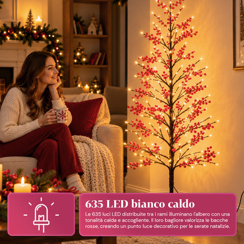 Arbre lumineux avec baies rouges 150 cm, 635 LED blanc chaud
