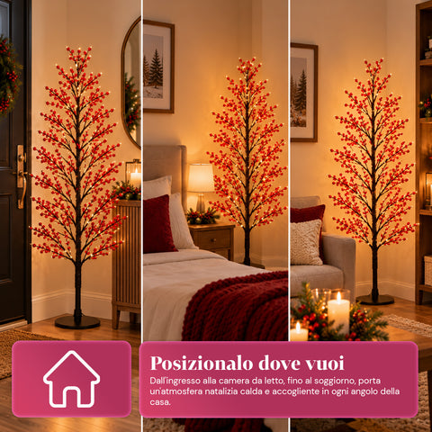 Arbre lumineux avec baies rouges 150 cm, 635 LED blanc chaud