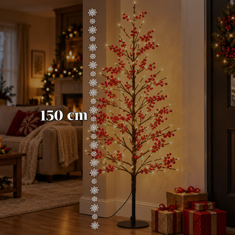 Arbre lumineux avec baies rouges 150 cm, 635 LED blanc chaud