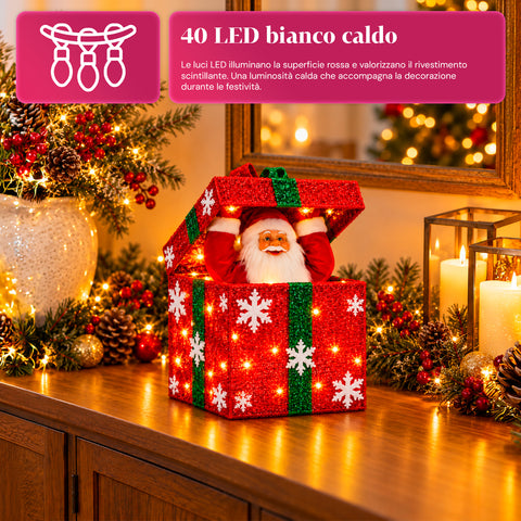 Coffret cadeau lumineux avec Père Noël musical et animé H30 cm