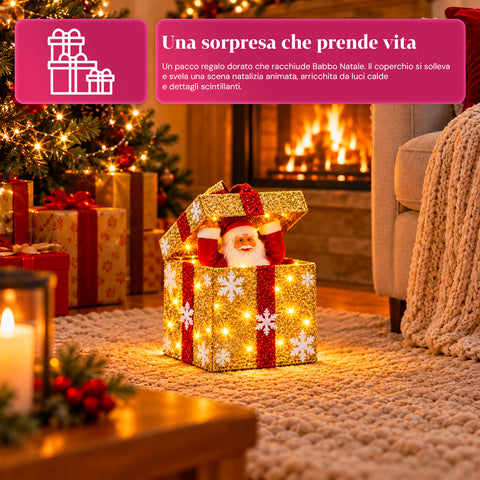 Coffret cadeau lumineux avec Père Noël musical et animé H30 cm