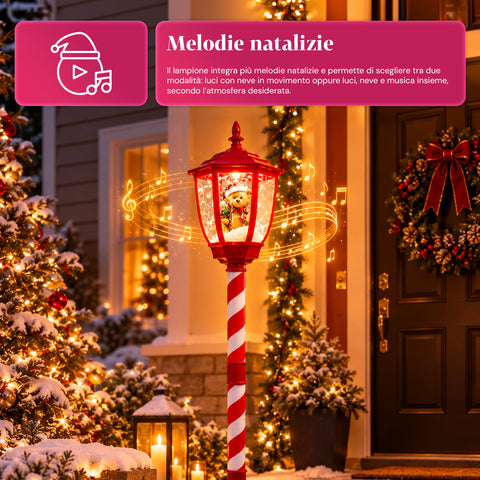Lampadaire de Noël avec neige soufflée, musique et lumières LED – 4 variantes
