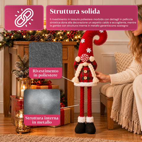 Gnome de Noël extensible de 60 à 80 cm, décoration en tissu tartan