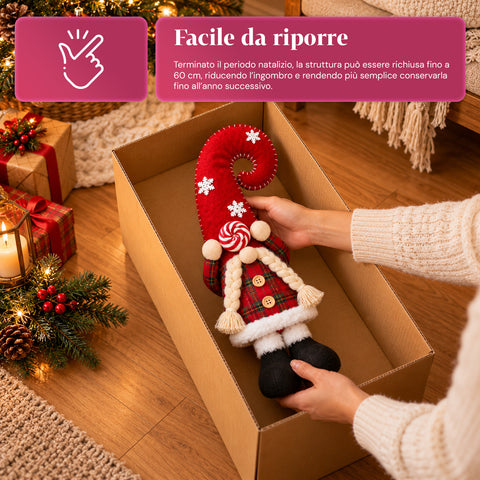 Gnome de Noël extensible de 60 à 80 cm, décoration en tissu tartan
