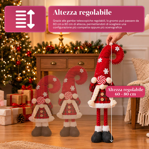 Gnome de Noël extensible de 60 à 80 cm, décoration en tissu tartan